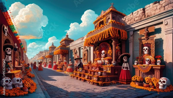 Obraz Vibrant day of the dead street celebration with colorful sugar skulls and marigolds