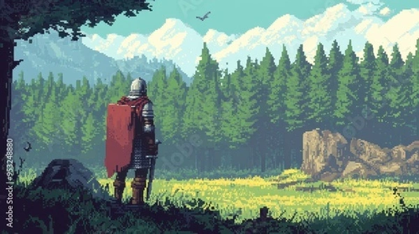 Obraz Retro Pixelated Knight Embarks on Classic RPG Adventure in 16-Bit Forest - Nostalgic Pixel Journey