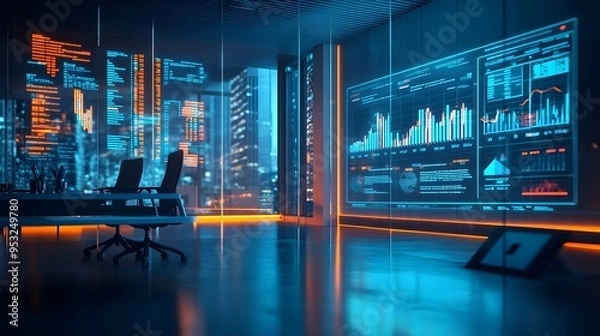 Fototapeta Modern Office Interior with Futuristic Data Displays