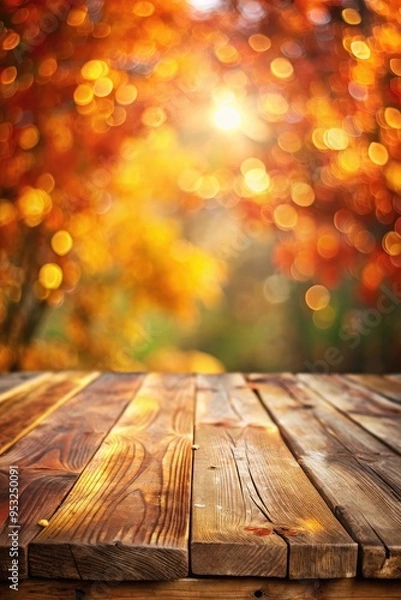 Fototapeta Rustic wooden table with autumn forest background, nature concept