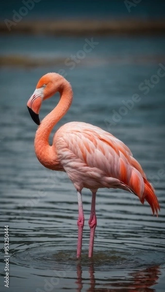 Fototapeta A flamingo is standing in the water with its head tilted to the side