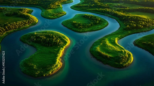 Fototapeta Aerial view of a winding river flowing through lush green islands.