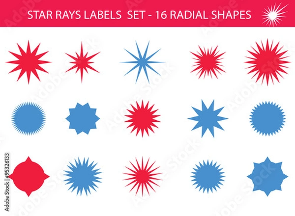 Fototapeta Star rays - Set of Retro Sun burst shapes. Vector stars and sparkle silhouettes festive design elements. Vintage sun ray frames, quality signs, circle backgrounds for design project. Blue and red.
