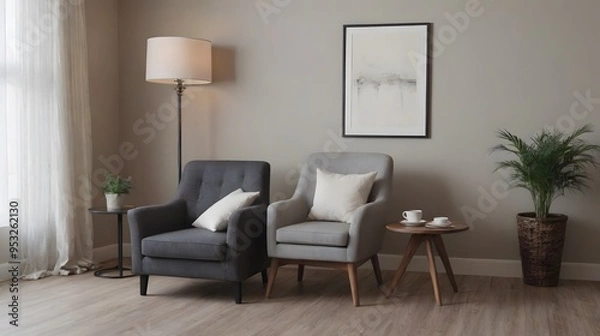 Fototapeta A modern living room with matching furniture theme set and decorative items 3d illustration. An empty wall and art frame mock-up template on the wall.