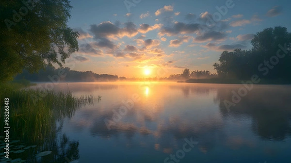 Fototapeta Calm lake at sunrise with fog, reflecting golden light and cloudy sky.