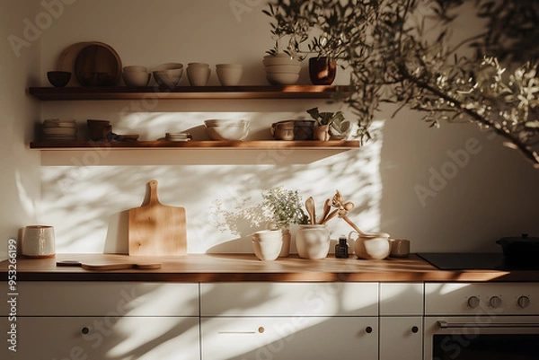Obraz Minimalistic Photograph of a Kitchen with Ceramic Pottery Objects and Fresh Color Palette