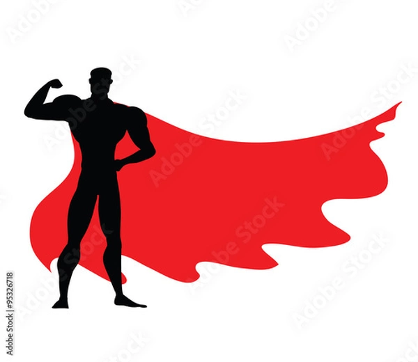 Fototapeta Superhero icon - vector black Superhero silhouette wearing red cloak flying on wind. Superman with strong arm posing. Strong man as fitness sign, masculinity symbol, protection emblem. Eps 10.