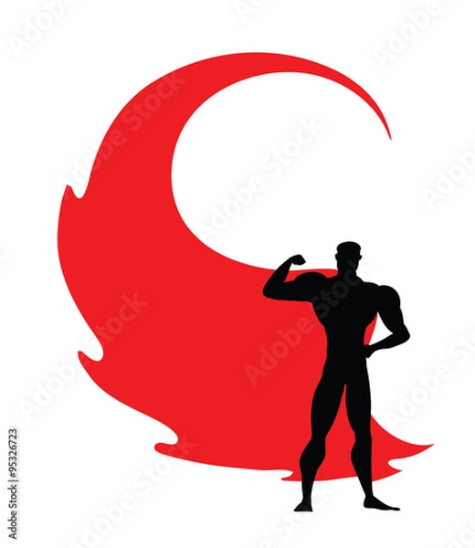 Fototapeta Superhero icon - vector black Superhero silhouette wearing red cloak flying on wind. Superman with strong arm posing. Strong man as fitness sign, masculinity symbol, protection emblem. Eps 10.