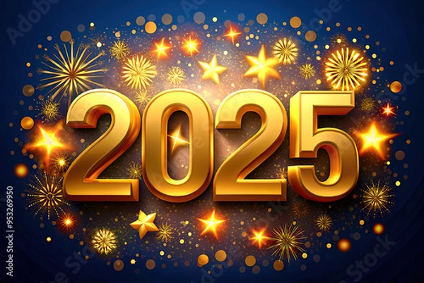 Fototapeta 3D text image 2025 with golden numerals on a background of bright fireworks and golden stars. AI, Generation, Illustration.