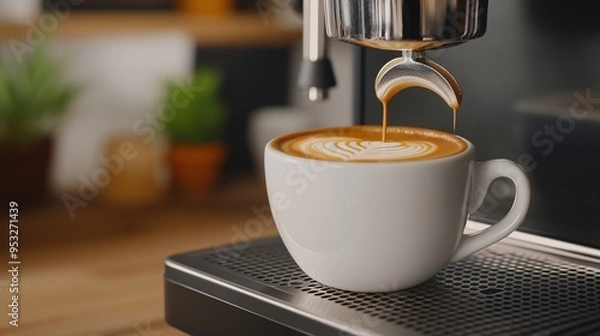 Fototapeta Espresso Art: A close-up of a barista pouring a latte, highlighting the delicate foam art and the rich, aromatic coffee. The image evokes a sense of tranquility and indulgence, perfect for cafes