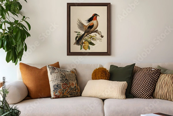 Fototapeta Cozy living room with a beige sofa adorned with textured and patterned pillows. A framed art piece depicting a bird and a woman hangs on the wall. A potted plant and book add to the serene atmosphere.