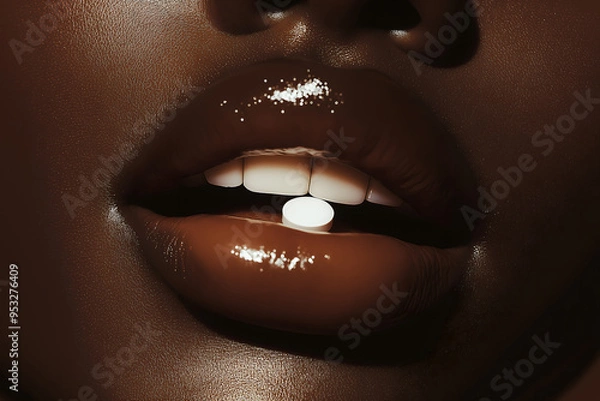 Fototapeta Close-Up of a Black Girl's Mouth with a Small White Pill on Her Tongue, Capturing a Fun Expression