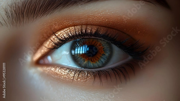 Fototapeta Close-up of a woman's eye with gold eyeshadow and long eyelashes.