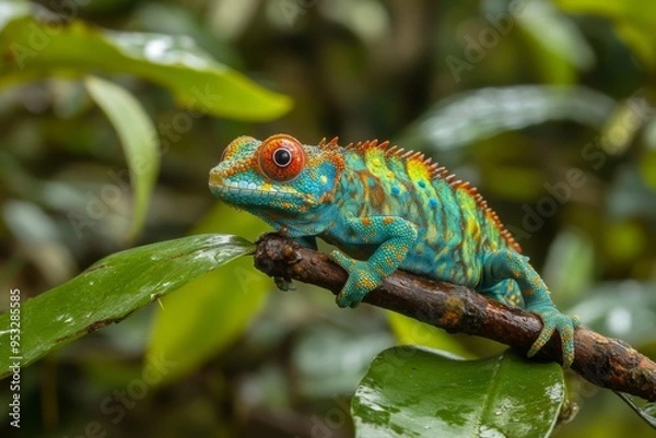 Fototapeta Colorful chameleon posing on a branch in the rainforest