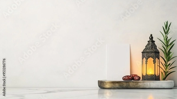 Fototapeta A serene still-life featuring dates, a lantern, and a minimalist backdrop, evoking warmth and tradition.