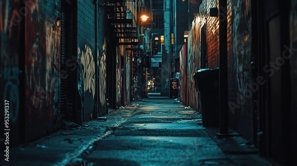 Fototapeta A narrow urban alleyway illuminated by a series of dim streetlights, casting a moody and atmospheric glow on the surroundings. The walls are covered with various graffiti art, showcasing colorful and 