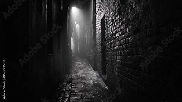 Fototapeta This black and white photograph showcases a narrow, dimly lit alleyway with brick walls on either side. The ground is wet, reflecting the sparse light emanating from a single street lamp. Shadows domi