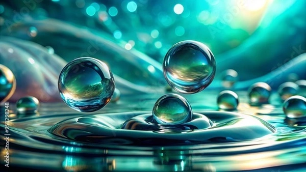 Fototapeta Surreal macro shot of iohine and xr drops merging in water, misty ambiance, ethereal light, soft blue-green hues, abstract fluid dynamics, mesmerizing texture