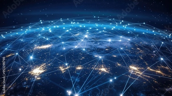 Obraz A global network background with glowing interconnected lines spanning across a world map, symbolizing international communication and connectivity.