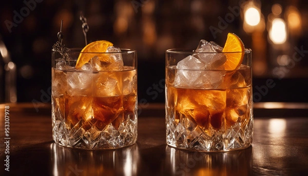 Fototapeta A sophisticated image featuring two old-fashioned cocktails served in heavy crystal glasses on a pol