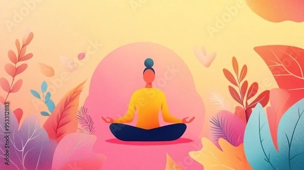 Fototapeta A serene woman meditation in a vibrant, colorful environment filled with leaves.