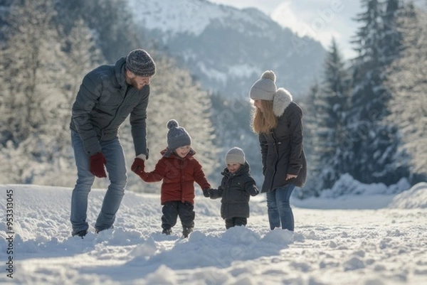 Obraz Happy young family having fun, playing in the snow together