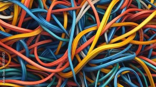 Fototapeta Abstract background with tangled colorful cables.