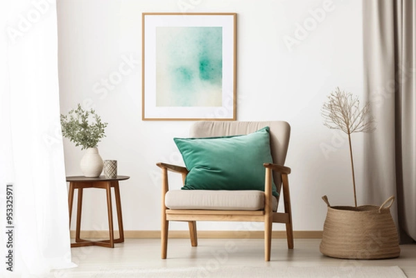 Fototapeta Modern Living Room Interior with Wooden Armchair Green Pillow and Abstract Painting