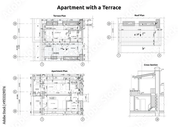 Fototapeta Detailed blueprint of an apartment with a terrace