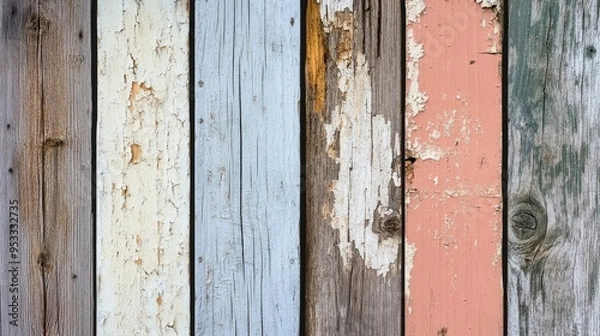 Fototapeta Close-up of weathered wooden boards with peeling paint and natural grain patterns, perfect for rustic-themed backgrounds.