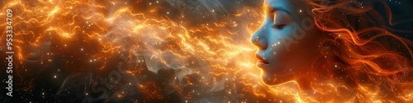 Fototapeta Panoramic banner with Woman with fiery hair is bathed in cosmic energy, symbolizing passion, power, and the beauty of the universe. The image evokes a sense of transformation and spiritual connection