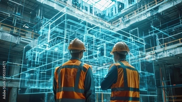 Fototapeta A professional construction team using augmented reality to visualize the building process onsite, Industrial, 3D rendering, Realistic colors, Advanced construction technology