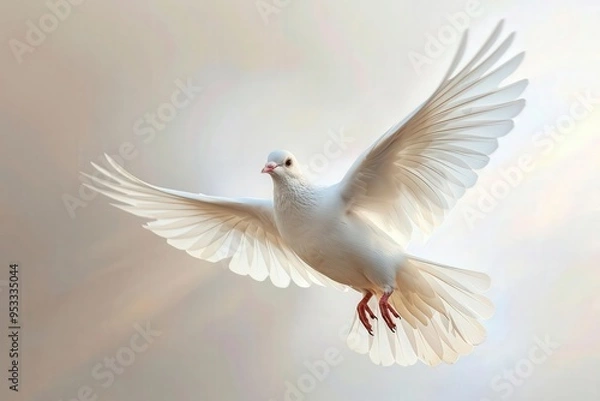 Fototapeta A dove with light rays clipart, divine symbol, photorealistic, luminous, isolated on white background