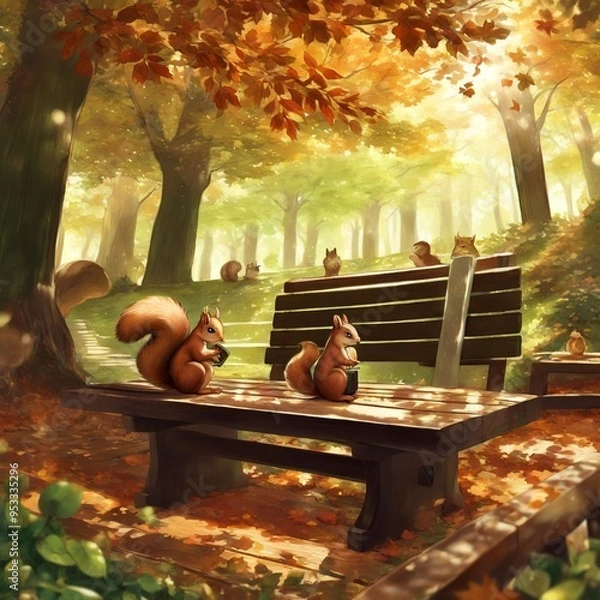 Fototapeta bench in the forest with small animal cute squirrel fall foliage with sunlight background