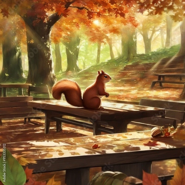 Fototapeta A cute squirrel sit on a wooden bench in an autumn forest small animal peaceful background