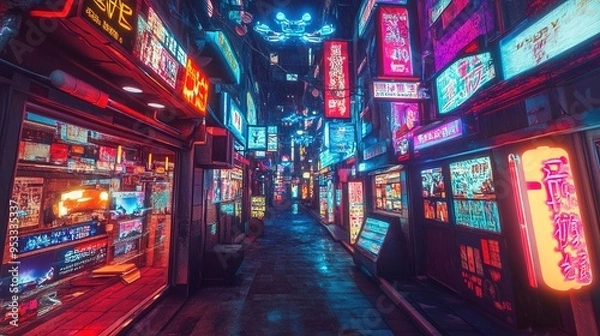 Fototapeta A dimly lit, narrow urban alleyway filled with an abundance of neon signs and lights. The signs are predominantly in East Asian script, with vivid colors such as red, pink, blue, and green illuminatin