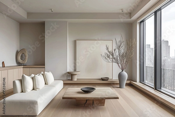 Fototapeta Aesthetic minimalist room interior design. Mockup picture frames. Concrete paint and mock up poster on the walls. Copy space. Clean apartment for decoration. Japandi, scandi, rustic style.