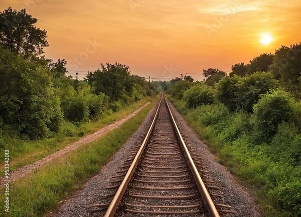 Fototapeta The sun is slowly setting behind the distant train tracks in view