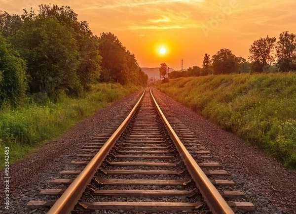 Fototapeta The sun is slowly setting behind the distant train tracks in view