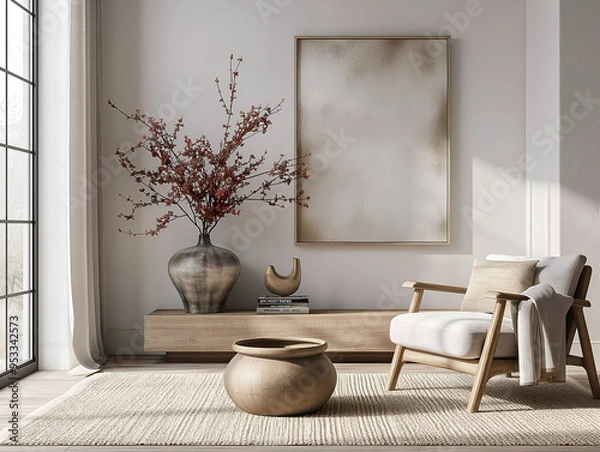 Obraz Aesthetic minimalist room interior design. Mockup picture frames. Concrete paint and mock up poster on the walls. Copy space. Clean apartment for decoration. Japandi, scandi, rustic style.