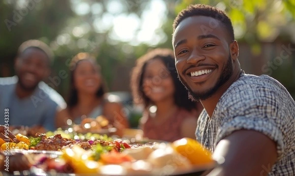 Obraz a photo of a black african american family and friends having a picnic barbeque grill in the garden. having fun eating and enjoying time. sunny day in, Generative AI