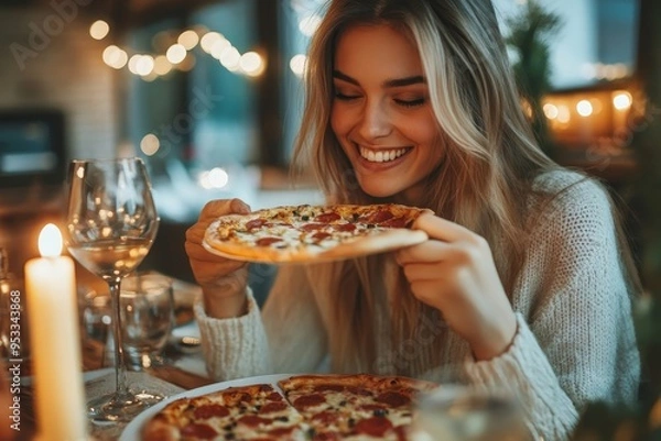 Fototapeta women eating pizza.she is having party at home, Generative AI