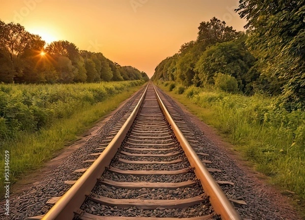 Fototapeta The sun is slowly setting behind the distant train tracks in view