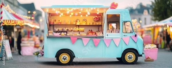 Fototapeta Bakery truck with a carnival theme, colorful banners, and decorative lights, serving whimsical treats
