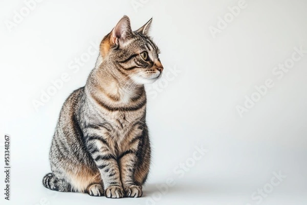 Fototapeta Studio portrait of a sitting tabby cat looking forward against a white backdground , ai