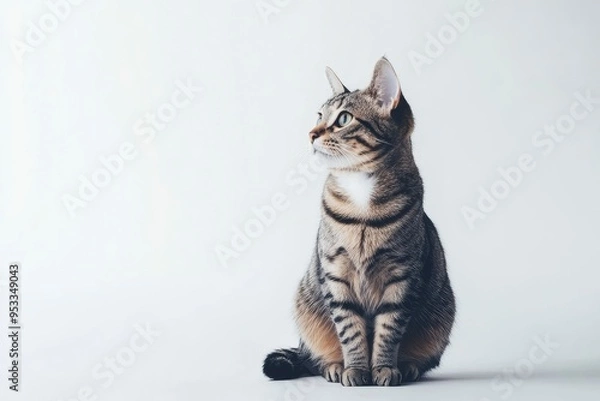 Fototapeta Studio portrait of a sitting tabby cat looking forward against a white backdground , ai