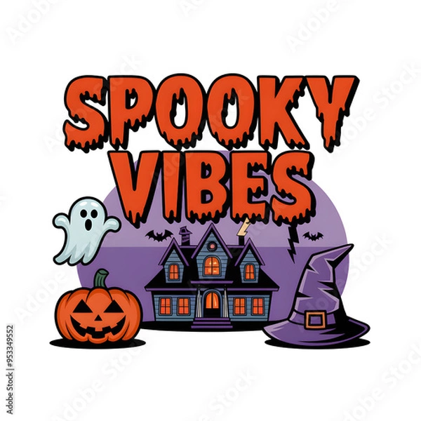 Fototapeta A vibrant Halloween illustration featuring spooky vibes with a haunted house, ghost, pumpkin, and witch hat.