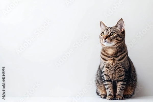 Fototapeta Studio portrait of a sitting tabby cat looking forward against a white backdground , ai