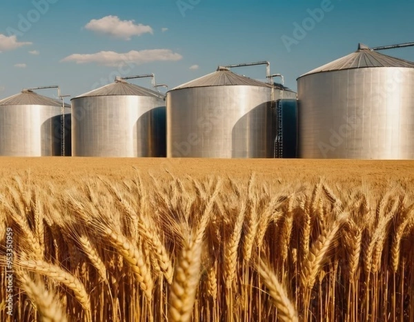 Fototapeta Grain elevator and agricultural storage. Containers silos storing agriculture crop in countryside.
