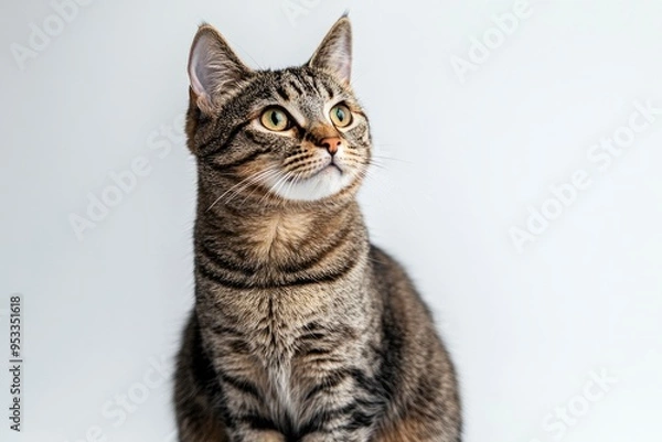 Obraz Studio portrait of a sitting tabby cat looking forward against a white backdground , ai